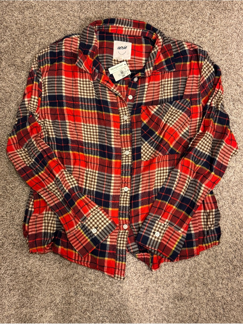 Aerie Red Navy Cream Plaid Flannel Button-Down Shirt Sleepwear